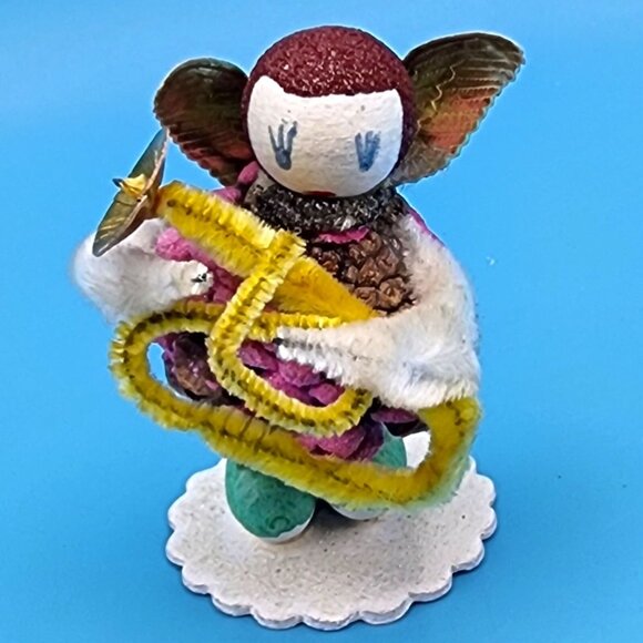 Vintage Putz Angel Ornament Pinecone Chenille Gold Foil Horn Mica Snow Japan Chr - Picture 5 of 10